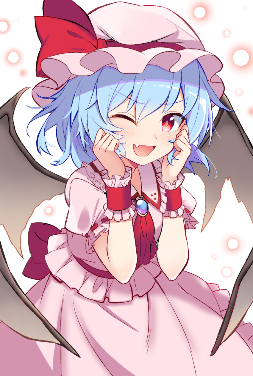 1girl ;d absurdres bat_wings blue_hair e.o. hat highres looking_at_viewer mob_cap one_eye_closed open_mouth pink_headwear remilia_scarlet smile solo touhou wings wrist_cuffs