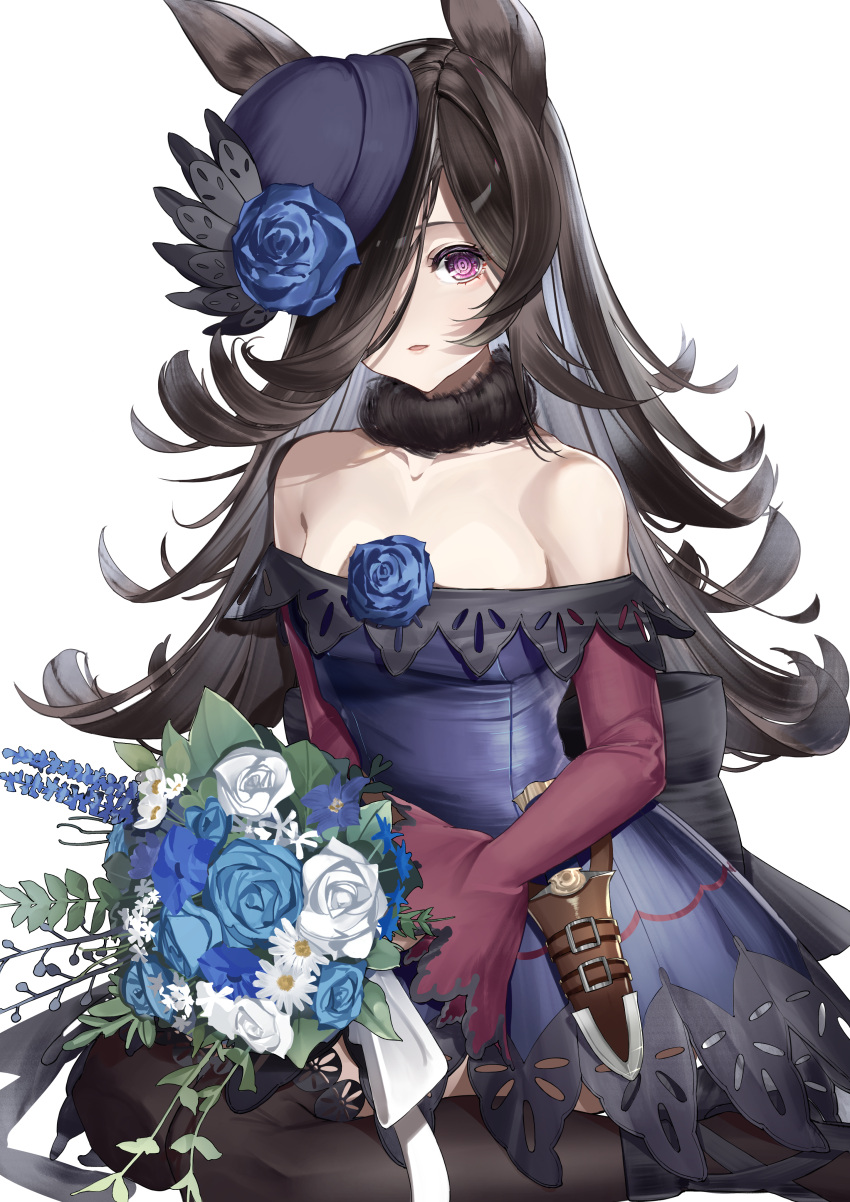1girl absurdres animal_ears black_legwear blue_dress bouquet bow_dress brown_hair dagger dress flipped_hair flower fur_collar hair_over_one_eye hat hat_flower hat_over_one_eye highres holding holding_bouquet horse_ears lamium_(artist) long_hair looking_at_viewer off-shoulder_dress off_shoulder parted_lips rice_shower_(umamusume) sheath sheathed short_dress simple_background skin_tight solo thigh-highs tilted_headwear umamusume violet_eyes weapon white_background
