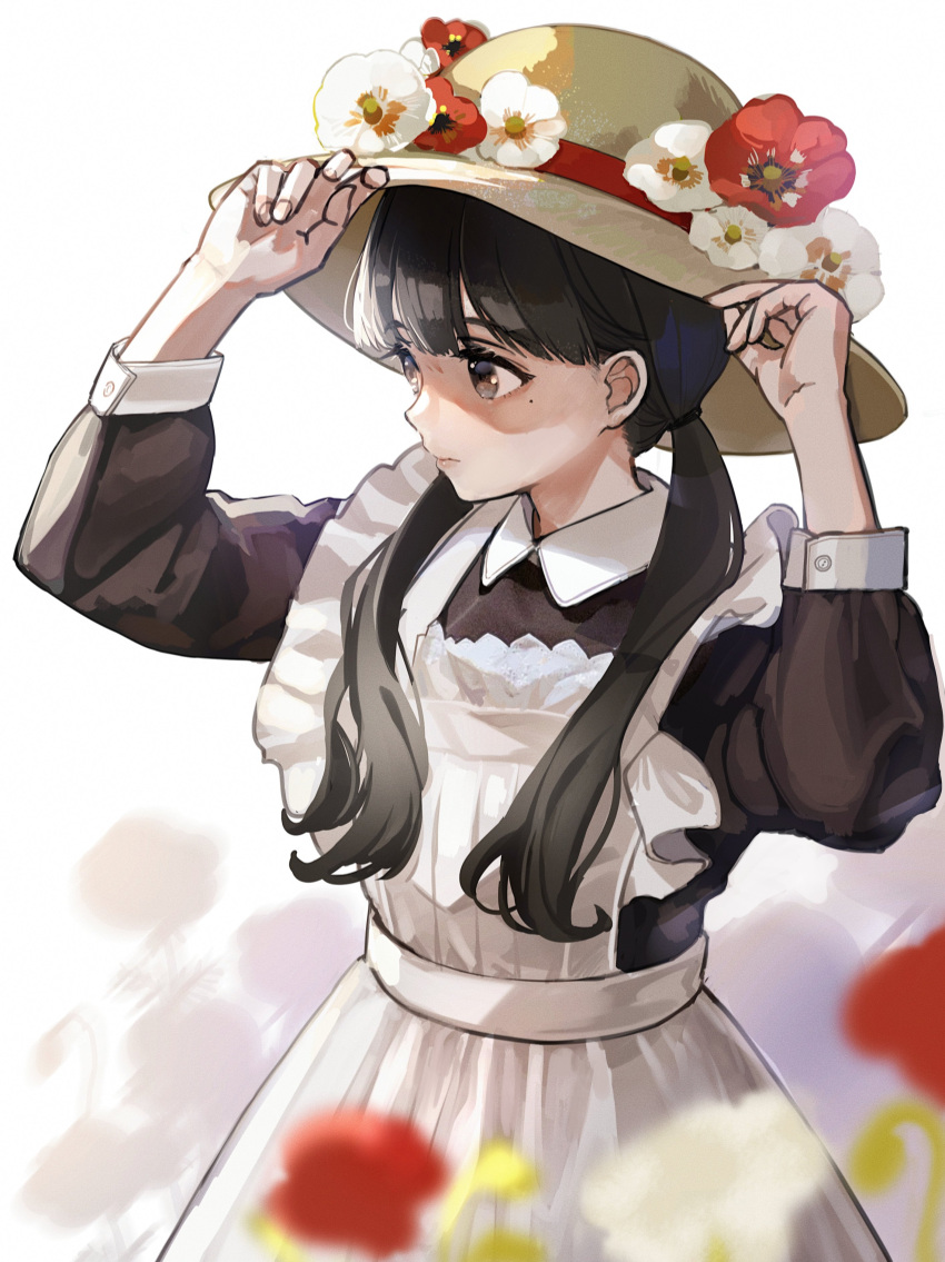 1girl absurdres adjusting_clothes adjusting_headwear apron arms_up black_hair black_shirt closed_mouth collared_shirt dress flower hands_up hat highres kashiwagi_chisame long_hair long_sleeves maid maid_apron mole mole_under_eye original poppy_(flower) red_flower shirt simple_background solo sun_hat twintails violet_eyes white_apron white_background white_dress white_flower