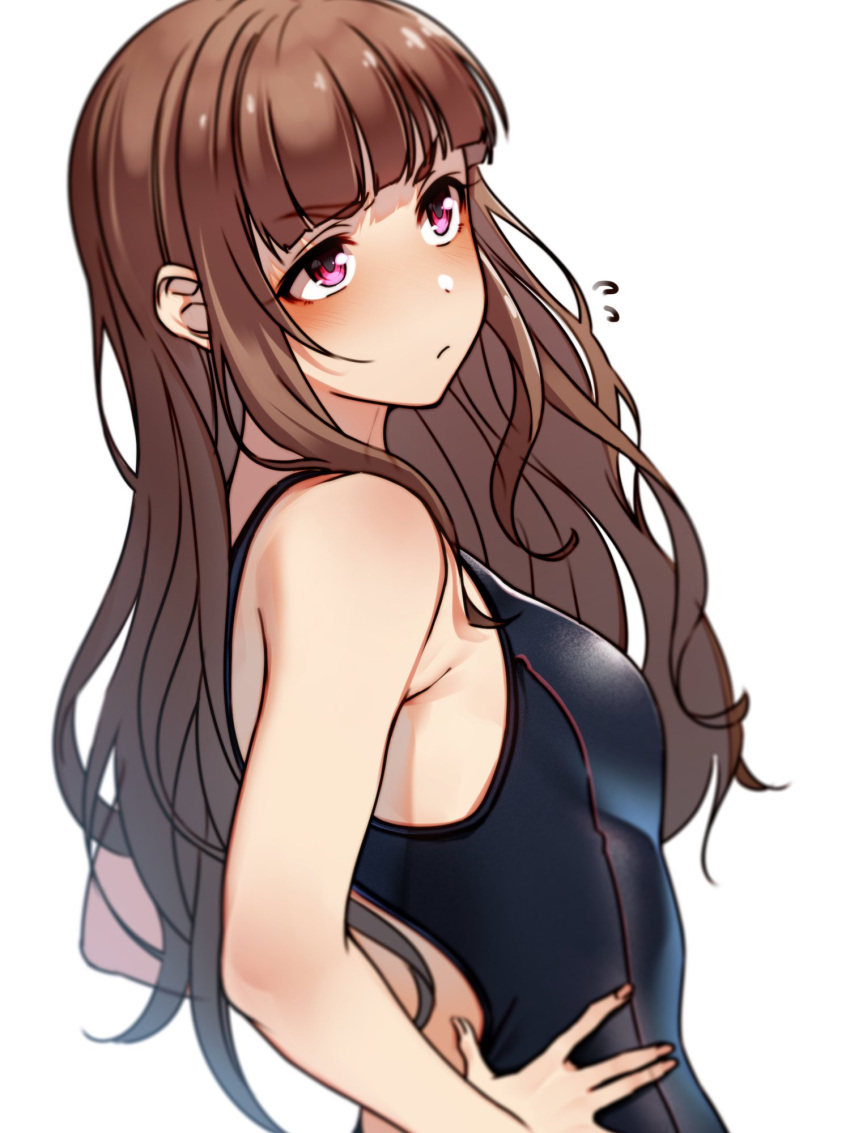 1girl armpits black_swimsuit brown_hair closed_mouth competition_swimsuit eyebrows_visible_through_hair frown hands_on_hips highres idolmaster idolmaster_cinderella_girls kakaobataa kamiya_nao long_hair looking_at_viewer one-piece_swimsuit pink_eyes simple_background solo swimsuit upper_body white_background