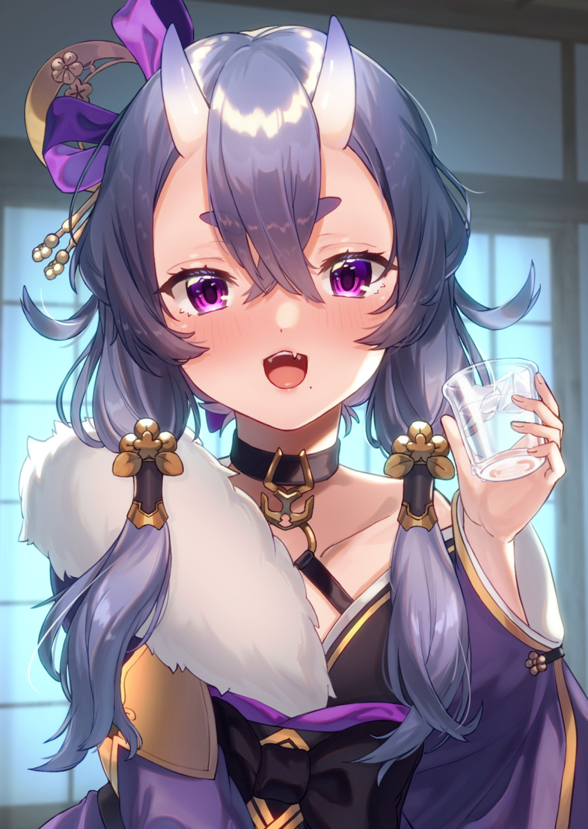 1girl :d bangs black_choker black_hair blush choker collarbone commentary_request cup eyebrows_visible_through_hair fang fur_trim hair_between_eyes hair_ornament hand_up highres hiyorou holding holding_cup horns japanese_clothes kimono long_hair long_sleeves looking_at_viewer mole mole_under_mouth nijisanji oni oni_horns open_mouth purple_kimono rindou_mikoto short_eyebrows single_bare_shoulder skin_fang smile solo thick_eyebrows twintails upper_body violet_eyes virtual_youtuber