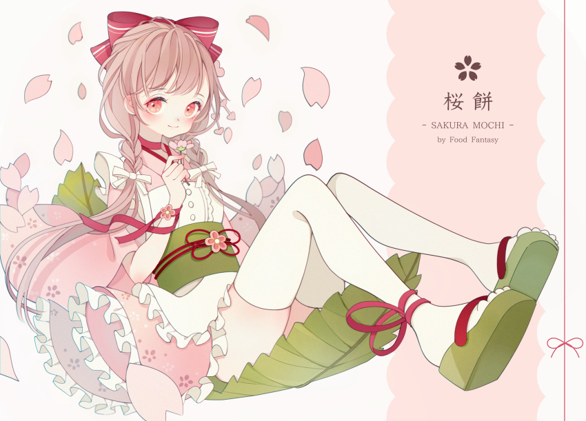 absurdres blush bow breasts brown_hair closed_mouth flower food_fantasy geta hair_bow hair_ornament highres holding holding_flower japanese_clothes kimono long_hair low_twintails obi original petals pink_eyes ribbon sash shiraho_(color-56) short_sleeves small_breasts smile tabi thigh-highs twintails white_legwear wide_sleeves zettai_ryouiki