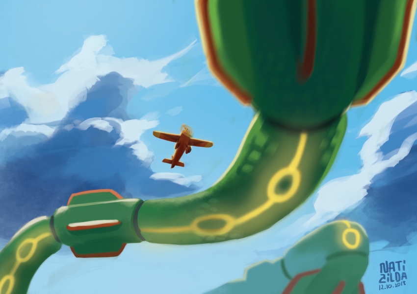 aircraft airplane artist_name blue_sky clouds cloudy_sky commentary dated day english_commentary flying gen_3_pokemon giant giant_monster glowing highres legendary_pokemon natizilda pokemon pokemon_(creature) rayquaza sky