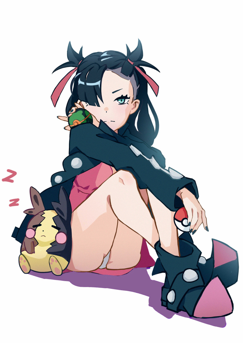 1girl absurdres aqua_eyes asymmetrical_bangs backlighting bangs bare_legs black_footwear black_hair black_jacket black_nails boots closed_mouth dress frown full_body gen_8_pokemon hair_over_one_eye hair_ribbon highres jacket long_hair looking_at_viewer marnie_(pokemon) morpeko morpeko_(full) open_clothes open_jacket panties pantyshot pink_dress poke_ball pokemon pokemon_(game) pokemon_swsh red_ribbon ribbon shadow simple_background sitting sleeping solo twintails undercut underwear white_background white_panties xiukukkii zzz