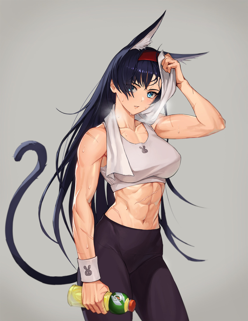 1girl abs animal_ears arknights arm_up bare_shoulders black_hair black_pants blaze_(arknights) blue_eyes blush bottle breasts cat_ears cat_girl cat_tail collarbone commentary cowboy_shot english_commentary eyes_visible_through_hair grey_background hair_over_one_eye hairband heavy_breathing highres holding holding_bottle jason_kim large_breasts long_hair looking_at_viewer muscular muscular_female pants parted_lips red_hairband scar simple_background solo sports_bra sweat sweatband tail towel towel_around_neck very_long_hair wiping_sweat yoga_pants