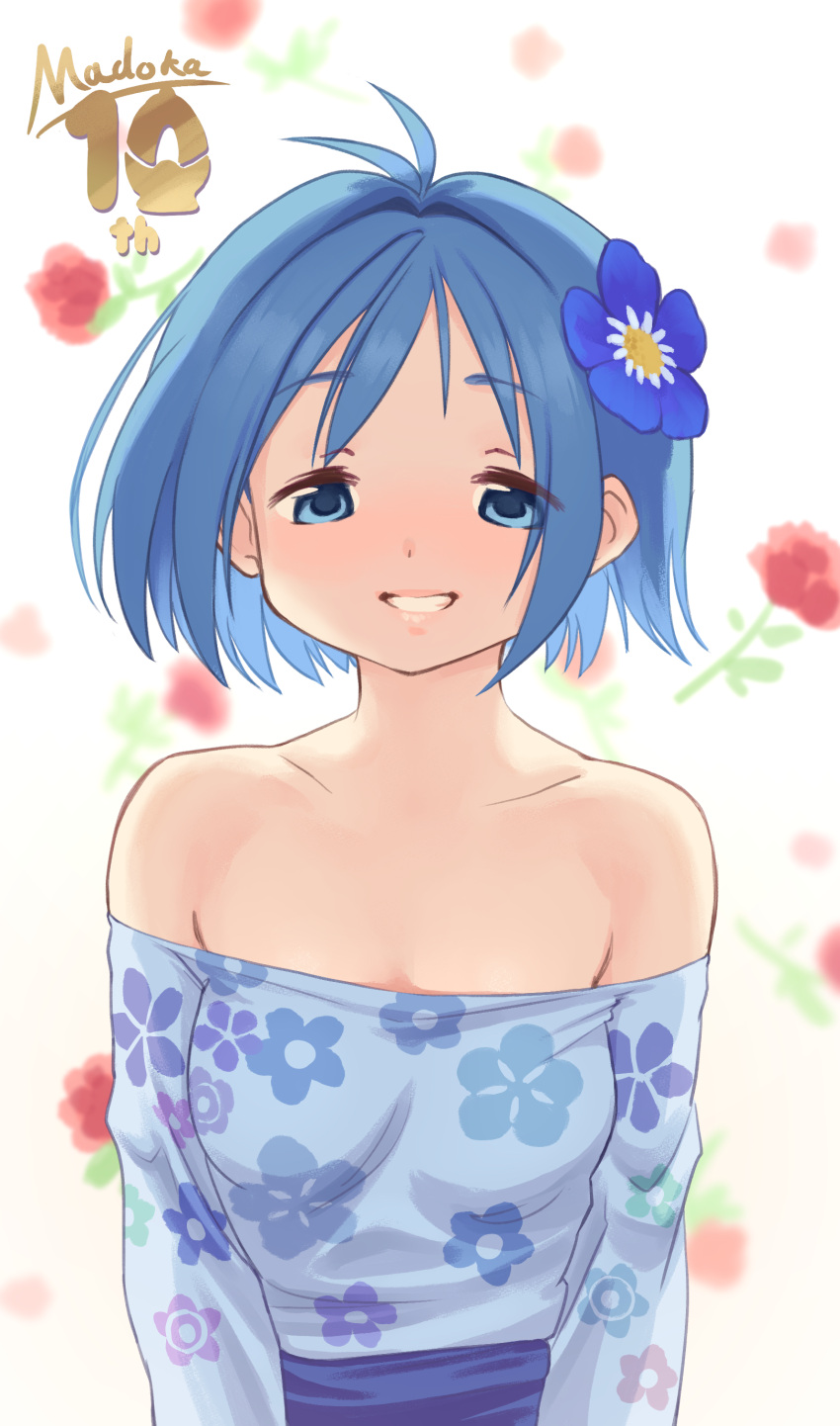 1girl absurdres alternate_costume anniversary aqua_flower armpit_crease arms_at_sides backlighting bare_shoulders blue_dress blue_eyes blue_flower blue_hair breasts clenched_teeth collarbone commentary copyright_name dot_nose dress english_commentary eyebrows_visible_through_hair eyes_visible_through_hair floral_background floral_print flower flower_request gloamy grin hair_flower hair_ornament half-closed_eyes happy highres lips long_sleeves looking_at_viewer mahou_shoujo_madoka_magica medium_breasts miki_sayaka no_bra off-shoulder_dress off_shoulder parted_lips purple_flower red_flower short_hair simple_background smile solo teeth under_boob upper_body white_background