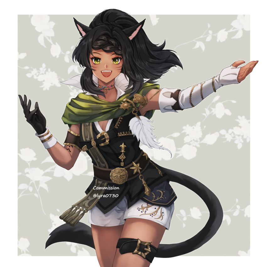 1girl animal_ears black_gloves black_hair braid cat_ears cat_tail choker commission dark_skin dark-skinned_female elbow_gloves facial_mark fangs final_fantasy final_fantasy_xiv fingerless_gloves floral_background floral_print gloves highres long_hair looking_at_viewer lyra-kotto miqo'te mismatched_gloves open_mouth ponytail shorts single_elbow_glove single_fingerless_glove solo tail thigh_strap whisker_markings yellow_eyes