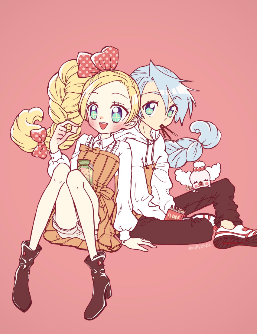 +_+ 1boy 1girl :d aji_fry aqua_eyes between_legs blonde_hair blue_hair blush boots bow braid brother_and_sister brown_footwear chocolate chocolate_on_face collared_shirt cookie dress eyebrows_visible_through_hair fairy food food_in_mouth food_on_face forehead hair_between_eyes hair_bow hair_up hand_between_legs high_heel_boots high_heels highres holding holding_food hood hoodie indian_style julio_(precure) kirahoshi_ciel kirakira_precure_a_la_mode knees_together_feet_apart long_hair long_sleeves looking_at_food looking_at_viewer open_mouth orange_dress pekorin_(precure) pikario_(precure) pink_background pocky polka_dot polka_dot_bow precure red_bow round_teeth shirt shoes shorts shorts_under_dress siblings simple_background single_braid sitting smile sneakers sweets teeth twins upper_teeth white_footwear white_hoodie white_shirt white_shorts