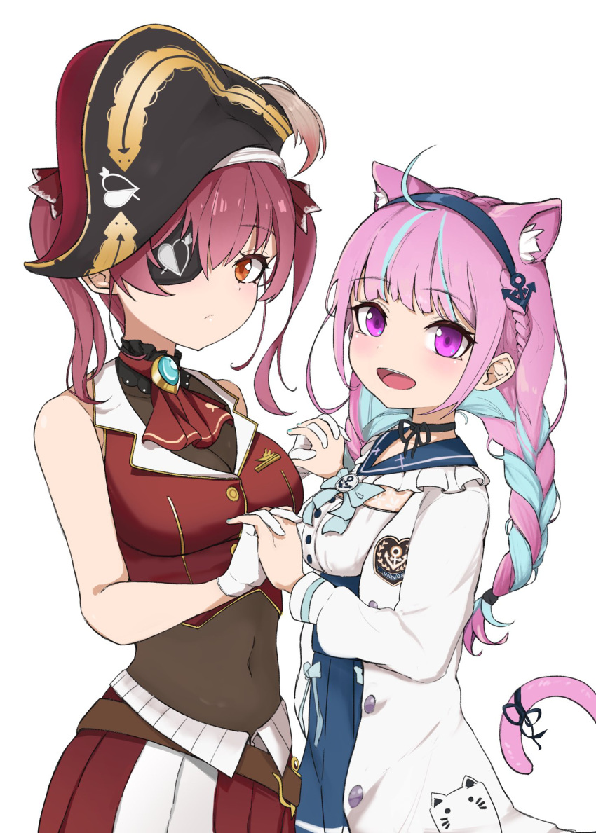 2girls animal_ears bare_shoulders bicorne black_eyepatch blush cat_ears cat_girl cat_tail commentary cowboy_shot eyebrows_visible_through_hair from_side hat highres hitsujisnow holding_hands hololive houshou_marine interlocked_fingers looking_at_viewer minato_aqua multiple_girls pirate simple_background size_difference smile tail virtual_youtuber white_background
