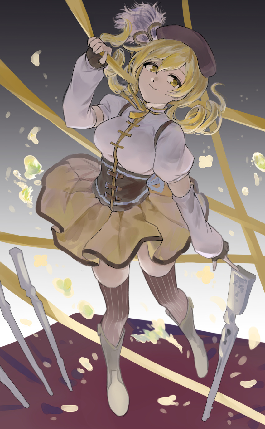 1girl absurdres beret blonde_hair boots breasts brown_corset brown_footwear brown_gloves brown_headwear brown_legwear closed_mouth corset detached_sleeves drill_hair gloves gun hand_up hat highres knee_boots long_sleeves looking_at_viewer mahou_shoujo_madoka_magica medium_breasts neck_ribbon puffy_short_sleeves puffy_sleeves ribbon short_sleeves skirt smile solo striped striped_legwear tanmei_(syoganaina) thigh-highs tomoe_mami twin_drills weapon yellow_eyes yellow_ribbon yellow_skirt zettai_ryouiki