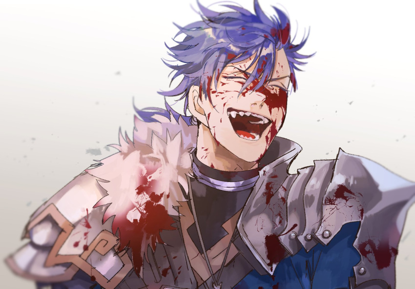 1boy armor blood blood_on_face bloody_clothes blue_hair choker closed_eyes cu_chulainn_(fate)_(all) cu_chulainn_(fate/prototype) fangs fate/prototype fate_(series) fur grin highres jewelry laughing long_hair male_focus necklace open_mouth pauldrons ponytail ryousuke_(tukr5384) shoulder_armor simple_background smile solo spiky_hair white_background