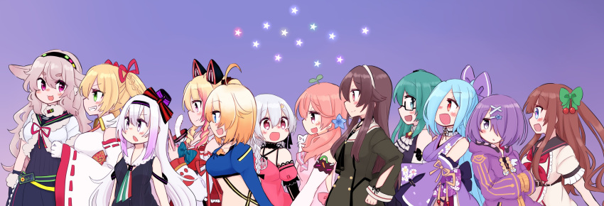 .live 6+girls absurdres ahoge anchor_hair_ornament animal_ears blonde_hair blue_eyes blue_hair bow breasts brown_hair carro_pino glasses green_hair hair_between_eyes hair_bow hair_ornament hair_over_one_eye hairclip headband highres japanese_clothes kagura_suzu_(.live) kakyouin_chieri kiso_azuki kitakami_futaba kongou_iroha long_hair long_sleeves looking_at_viewer mokota_mememe mokumokuuma multicolored_hair multicolored_neckwear multiple_girls nekonoki_mochi open_mouth pink_hair ponytail purple_hair red_eyes school_uniform sheep_ears short_hair side_ponytail smile star_(symbol) star_hair_ornament ushimaki_riko very_long_hair violet_eyes virtual_youtuber yaezawa_natori yamato_iori yozakura_tama