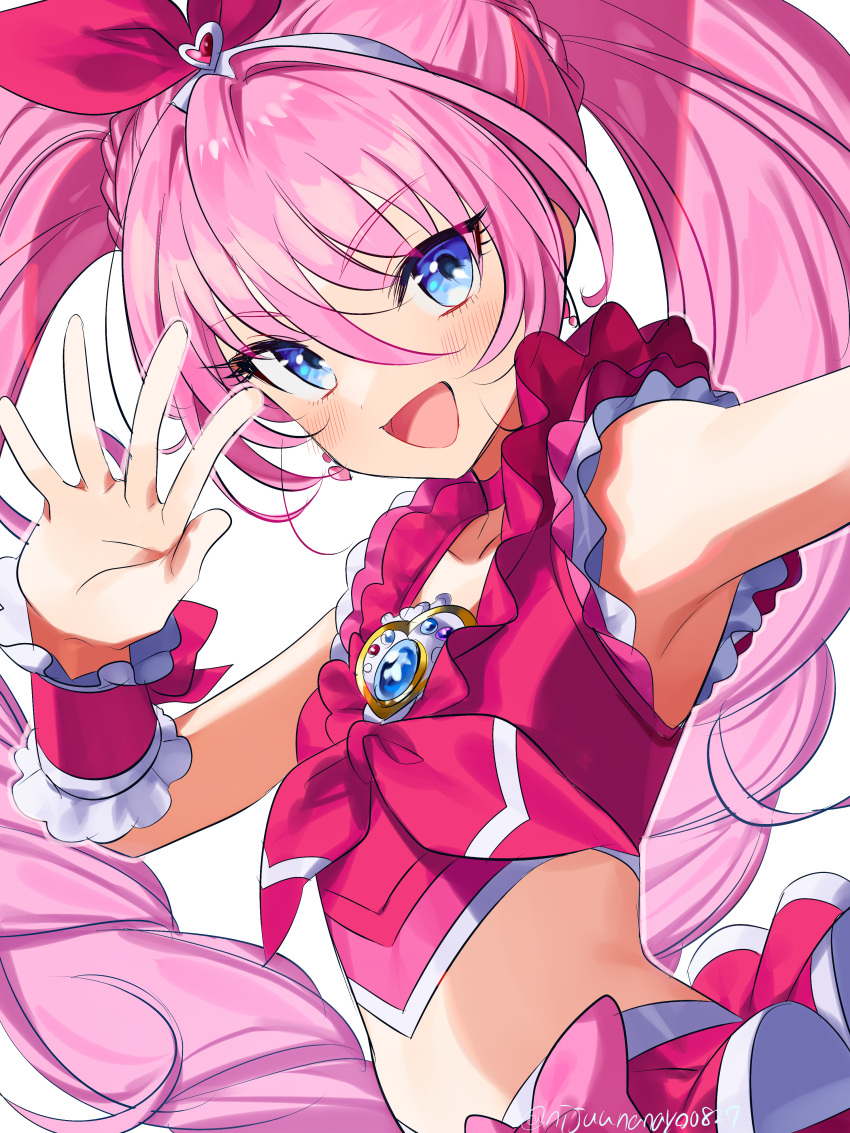 1girl :d absurdres armpits bare_shoulders blue_eyes brooch choker crop_top cure_melody flat_chest hair_between_eyes hair_ribbon highres houjou_hibiki jewelry long_hair looking_at_viewer magical_girl midriff miyukiyo open_mouth outstretched_arm pink_choker pink_hair pink_shirt precure ribbon shirt signature sleeveless sleeveless_shirt smile solo suite_precure twintails twitter_username upper_body very_long_hair wrist_cuffs