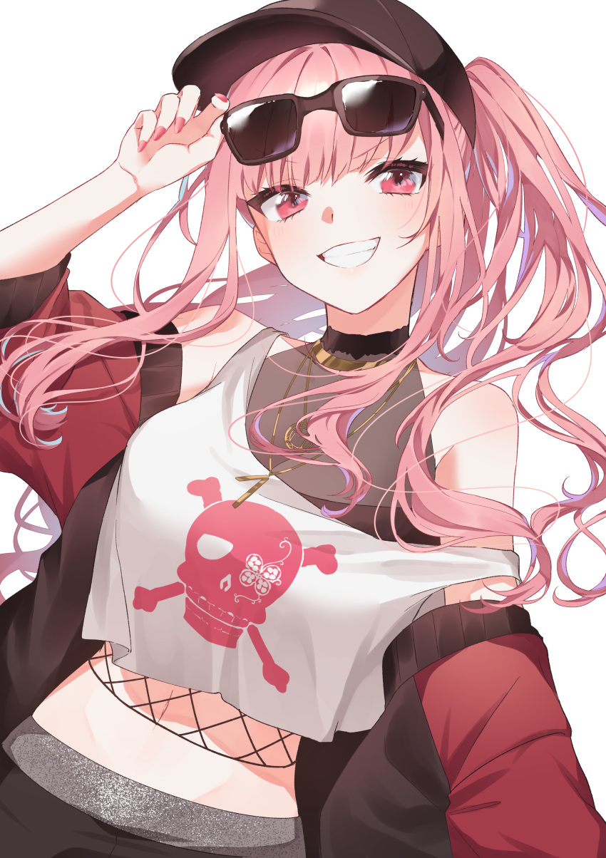 1girl absurdres alternate_costume bangs baseball_cap breasts camisole crop_top crop_top_overhang eyebrows_visible_through_hair eyewear_on_head fishnets grin hat highres hinakano_h holding holding_eyewear hololive hololive_english jacket jewelry long_hair looking_at_viewer mori_calliope nail_polish navel necklace official_alternate_costume open_clothes open_jacket pink_eyes pink_hair side_ponytail sidelocks simple_background skull_and_crossbones skull_print smile solo sunglasses two-tone_jacket virtual_youtuber white_background