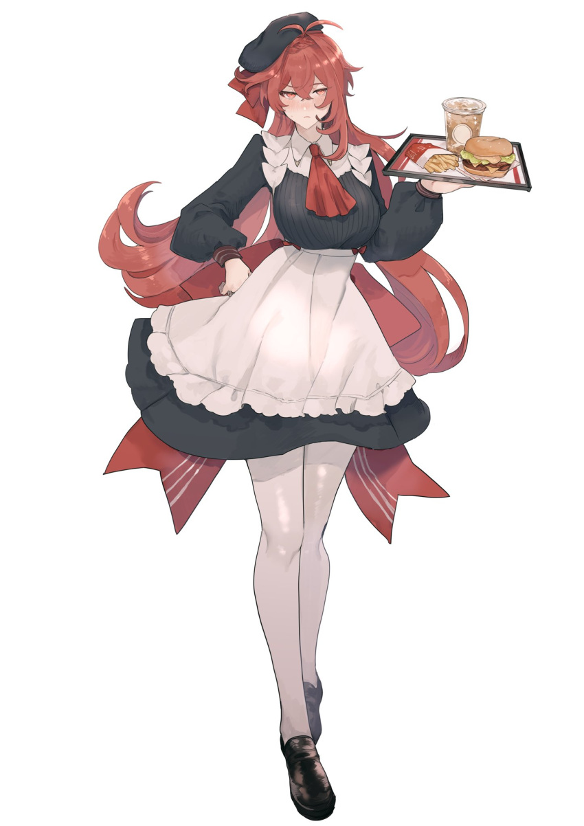 1girl alternate_costume antenna_hair apron bangs beret black_dress black_headwear black_legwear blush breasts burger closed_mouth commentary_request cup diluc_ragnvindr disposable_cup dress enmaided eyebrows_visible_through_hair food french_fries frilled_apron frills full_body genderswap genderswap_(mtf) genshin_impact hat highres holding holding_tray large_breasts long_hair long_sleeves maid maid_apron pantyhose puffy_sleeves red_eyes redhead shoes skirt solo sweat tabibitowayo tray waist_apron waitress water white_background white_legwear