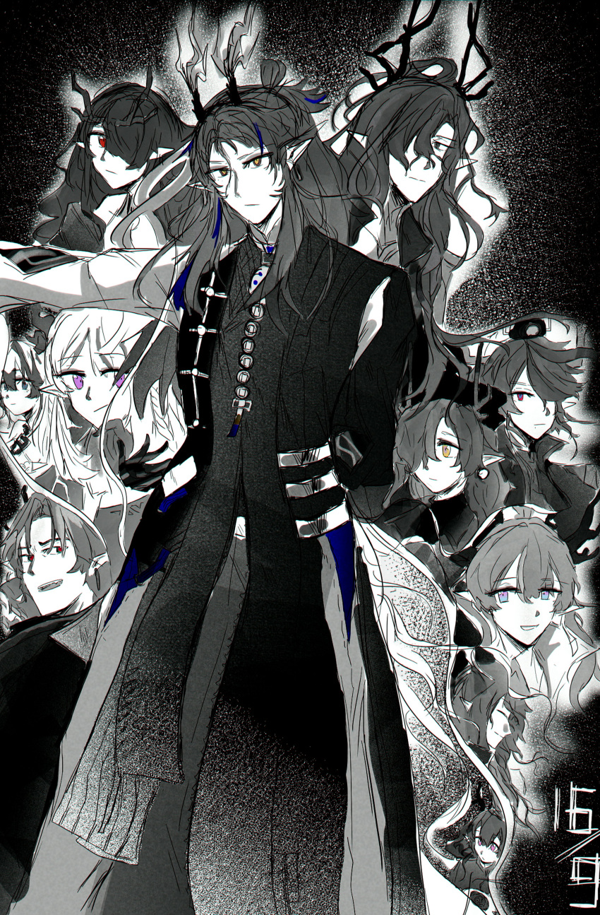 absurdres arknights chong_yue_(arknights) dragon_boy dragon_girl dragon_horns dragon_tail dusk_(arknights) family greyscale highres horns jie_(arknights) ling_(arknights) monochrome mooncake multicolored_eyes multicolored_hair multiple_boys multiple_girls multiple_horns nian_(arknights) non-web_source shu_(arknights) siblings tail wang_(arknights) zhi_(arknights)