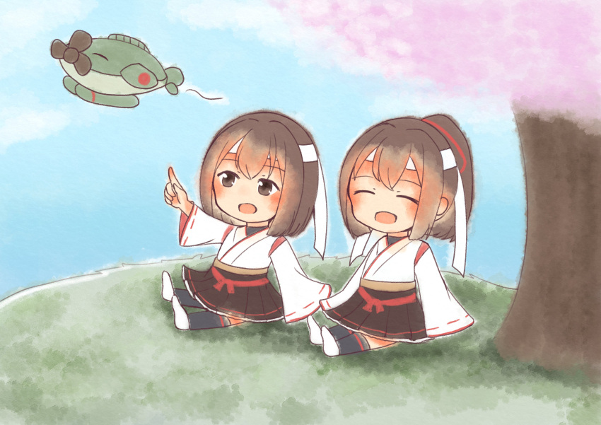 2girls absurdres aircraft airplane black_hakama brown_eyes brown_hair cherry_blossoms chibi closed_eyes e16a_zuiun full_body grass hair_ribbon hakama hakama_skirt headband highres hill hyuuga_(kancolle) ise_(kancolle) japanese_clothes kantai_collection multiple_girls ponytail remodel_(kantai_collection) ribbon sandals short_hair sitting suzuki_suika tree undershirt white_headband