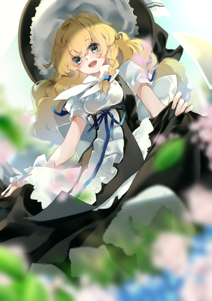 1girl black_dress black_headwear blonde_hair blue_eyes blue_ribbon blurry blurry_foreground braid commentary_request dress flower frilled_dress frills from_below hat highres kirisame_marisa long_hair looking_at_viewer meji_aniki open_mouth outdoors plant puffy_short_sleeves puffy_sleeves ribbon short_sleeves single_braid skirt_hold smile solo tied_hair touhou witch_hat yellow_eyes