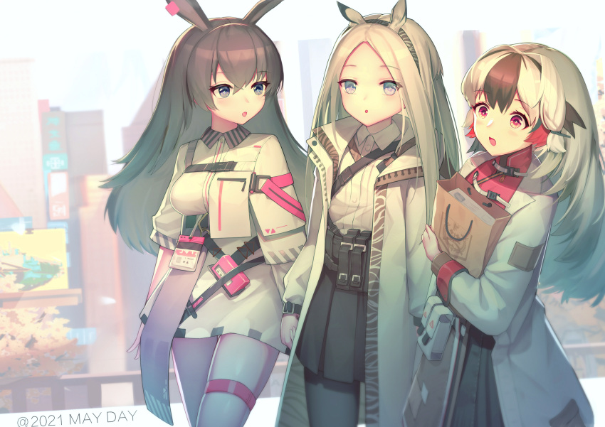 2021 3girls absurdres animal_ears april_(arknights) arknights bag black_hair black_skirt coat commentary cowboy_shot cyanide-whale dress grey_eyes heavyrain_(arknights) highres holding holding_bag long_hair looking_at_viewer multicolored_hair multiple_girls open_clothes open_coat open_mouth parted_lips rabbit_ears shirt short_sleeves silver_hair skirt snowsant_(arknights) standing thigh_strap thighs white_coat white_dress white_shirt