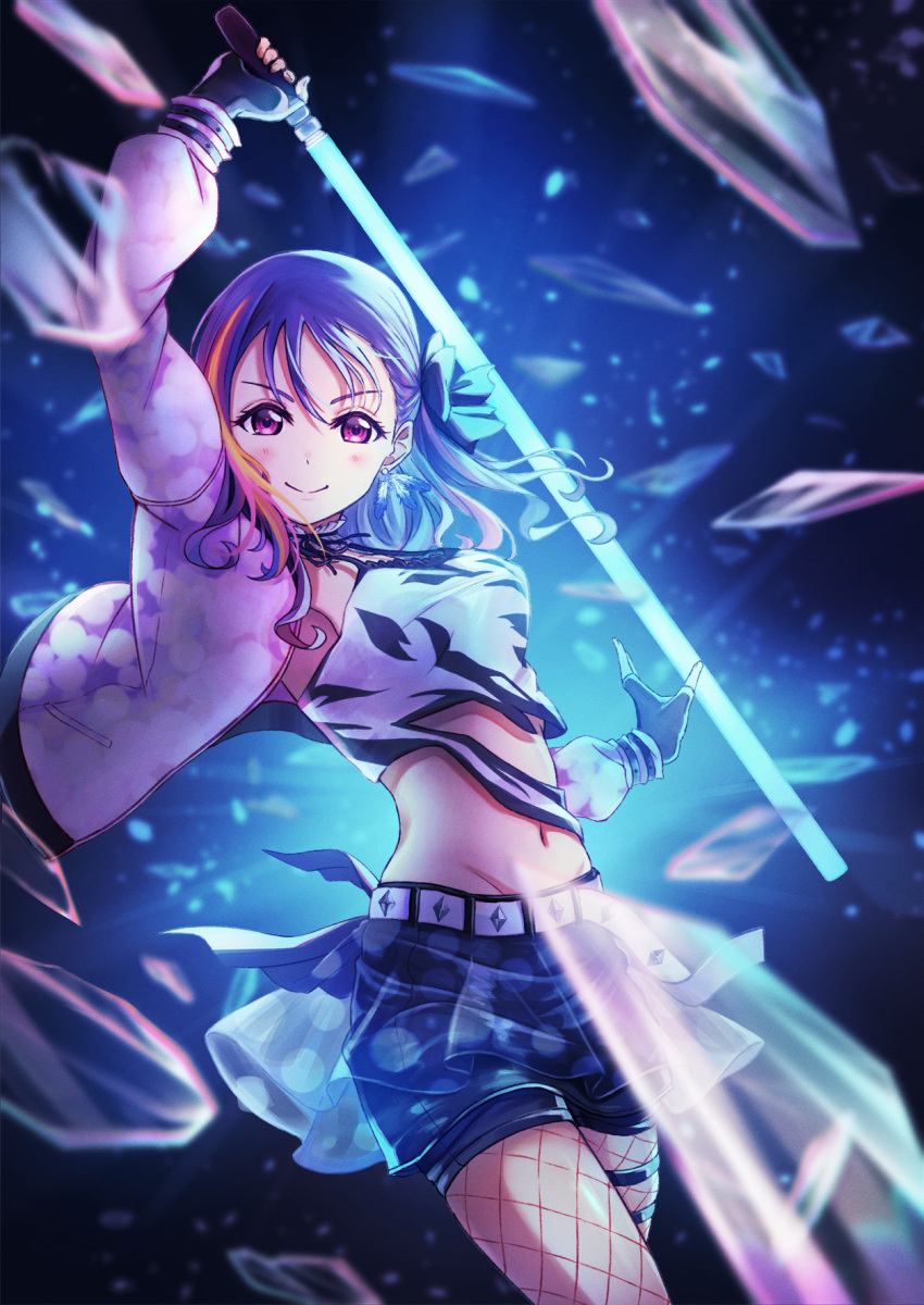 1girl arm_up bangs belt black_gloves bow cowboy_shot crop_top dazzling_white_town earrings energy_sword feather_earrings feathers fishnet_legwear fishnets glass_shards gloves glowing glowing_weapon groin hair_bow highres holding holding_sword holding_weapon jacket jewelry kazuno_sarah lightsaber long_sleeves looking_at_viewer love_live! love_live!_sunshine!! macken666 midriff multicolored_hair navel one_side_up open_clothes open_jacket polka_dot_jacket purple_hair red_eyes shirt smile solo streaked_hair sword thigh_strap torn_clothes torn_shirt weapon