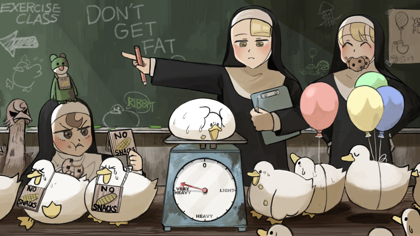 &gt;_&lt; 3girls arrow_(symbol) balloon bird blonde_hair brown_hair catholic chalk chalkboard clipboard closed_eyes commentary cookie crying diva_(hyxpk) doll duck english_commentary english_text food food_in_mouth habit highres holding holding_clipboard jitome little_nun_(diva) multiple_girls nun object_on_head ostrich pointing sign sweatdrop weighing_scale
