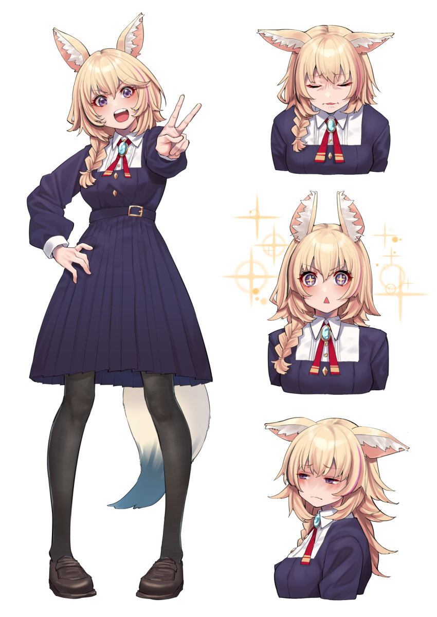 +_+ 1girl :d alternate_costume animal_ear_fluff animal_ears black_legwear blonde_hair blush braid brooch commentary_request cropped_torso fox_ears fox_girl fox_tail full_body hand_on_hip highres hololive jewelry long_hair long_sleeves looking_away mikan_(chipstar182) multiple_views neck_ribbon omaru_polka open_mouth pantyhose red_ribbon ribbon simple_background single_braid smile solo sparkle standing tail triangle_mouth v v-shaped_eyebrows violet_eyes white_background