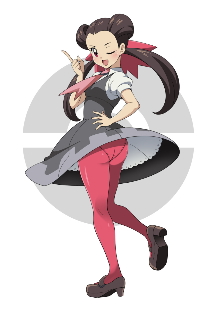 1girl ;d blush brown_footwear brown_hair commentary dress eyelashes full_body grey_dress gym_leader hair_ribbon hair_rings hand_on_hip highres index_finger_raised looking_at_viewer one_eye_closed open_mouth panties pantyhose pink_legwear pokemon pokemon_(game) pokemon_oras ribbon roxanne_(pokemon) shirt shoes short_sleeves smile solo standing standing_on_one_leg suitenan tongue twintails underwear white_shirt