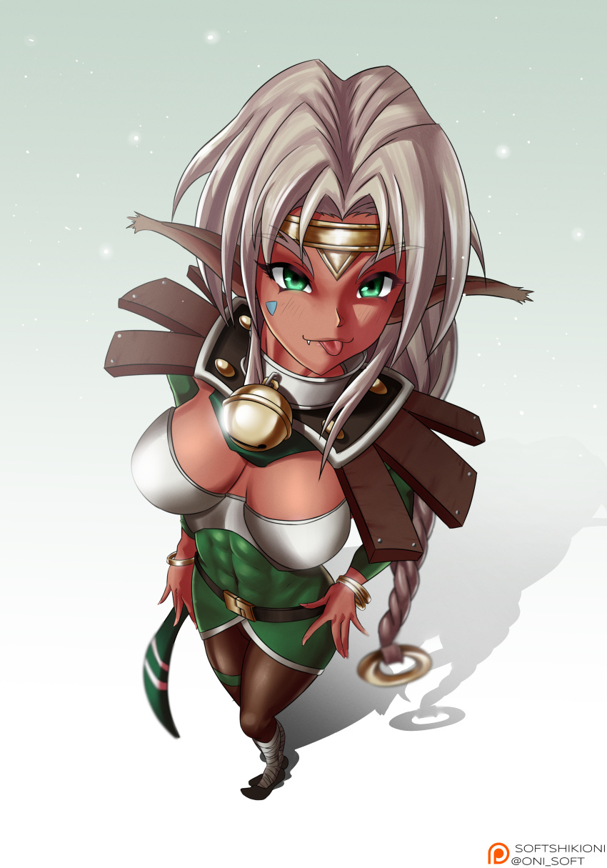 1girl abs absurdres aisha_clanclan animal_ears bell black_legwear braid breasts cat_ears circlet dark_skin dark-skinned_female fang fang_out from_above green_eyes highres huge_filesize long_braid long_hair medium_breasts muscular muscular_female neck_bell outlaw_star pantyhose single_braid softshikioni solo standing tongue tongue_out very_long_hair