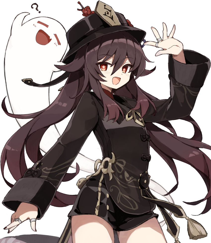 1girl :d ? arm_up black_headwear black_shirt black_shorts brown_hair cowboy_shot flat_chest flower freenote_mr genshin_impact ghost hat hat_flower highres hu_tao jewelry long_hair long_sleeves looking_at_viewer multiple_rings nail_polish open_mouth red_eyes ring shirt short_shorts shorts simple_background smile solo star-shaped_pupils star_(symbol) symbol-shaped_pupils tailcoat thighs twintails white_background