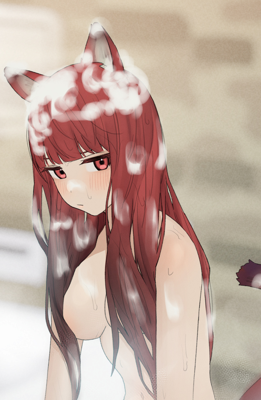 1girl absurdres animal_ears bangs blunt_bangs blush breasts highres huge_filesize long_hair nezuko nude original red_eyes redhead shampoo solo tail wet