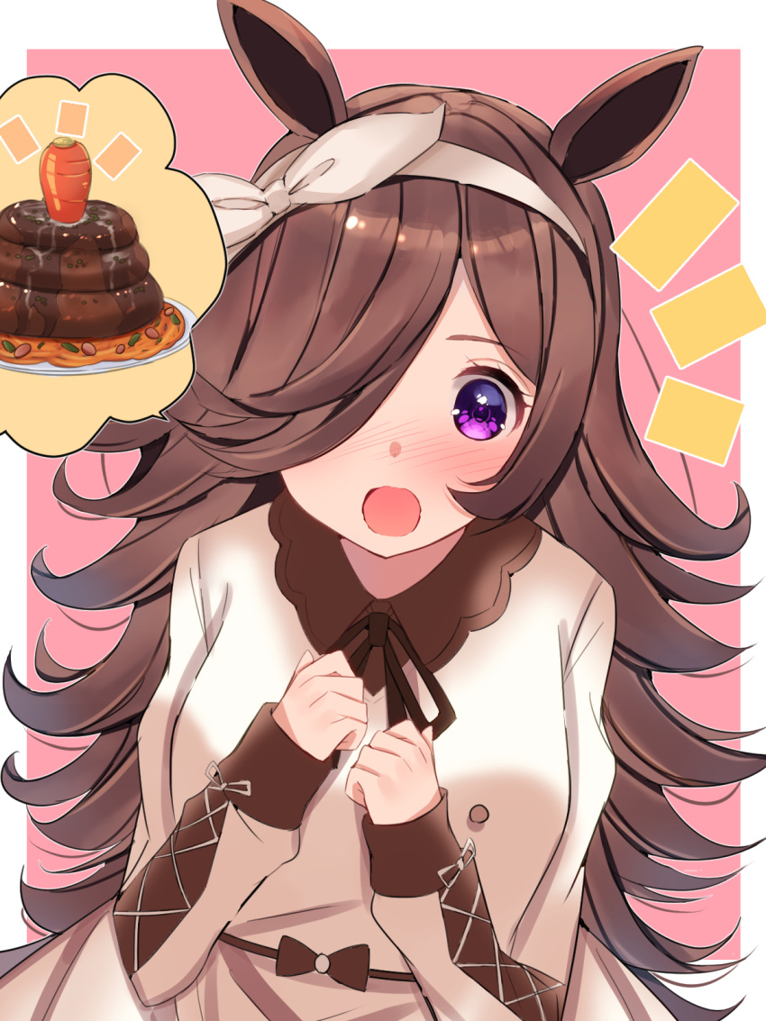 1girl animal_ears blush brown_hair brown_ribbon carrot collared_dress dress food hair_over_one_eye hair_ribbon hairband hamburger_steak highres horse_ears horse_girl long_hair long_sleeves mi_taro333 neck_ribbon open_mouth ribbon rice_shower_(umamusume) solo umamusume upper_body vegetable violet_eyes white_hairband white_ribbon