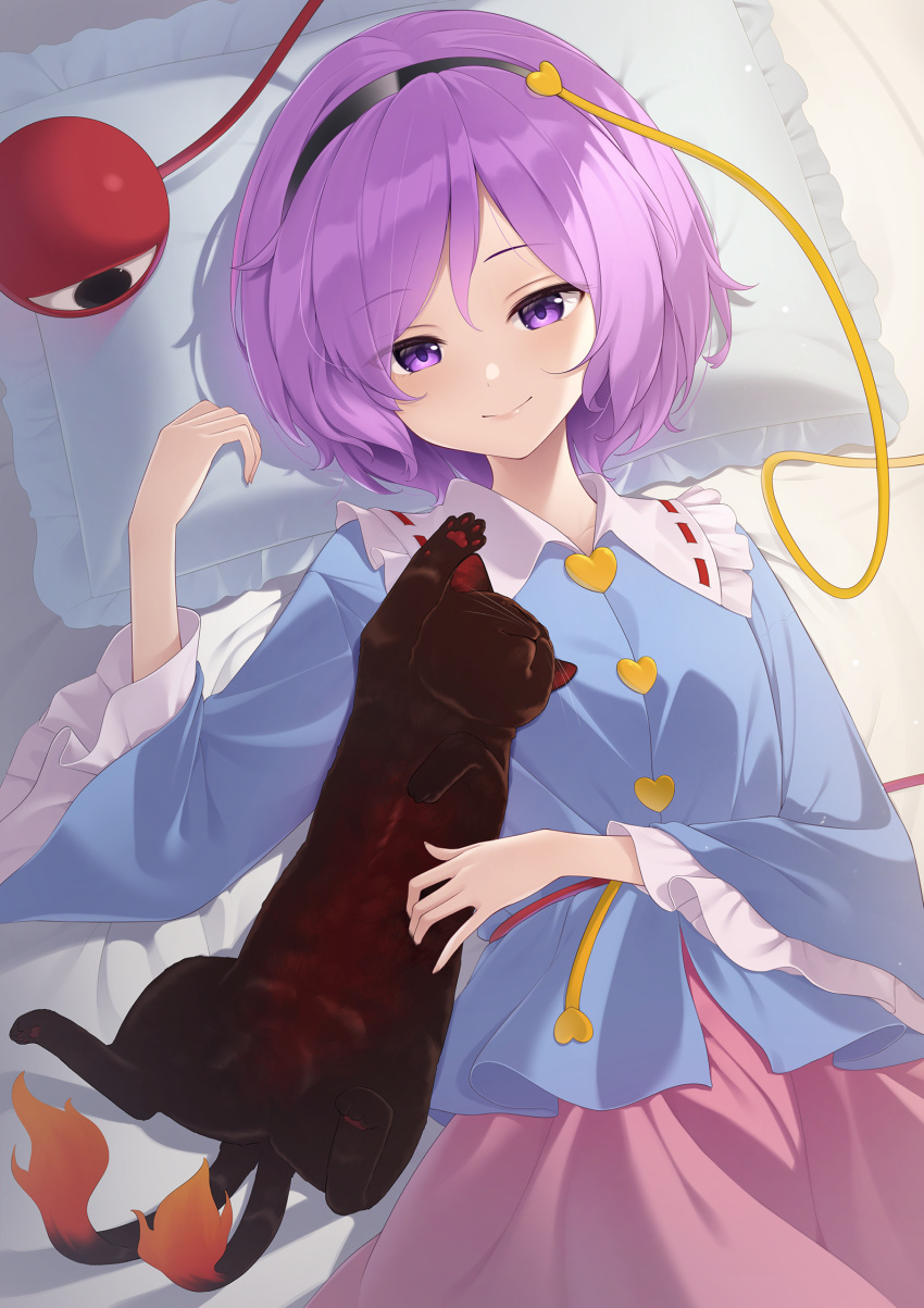 1girl arm_up blue_shirt cat commentary eyebrows_visible_through_hair hair_ornament hairband head_on_pillow heart heart_hair_ornament highres kaenbyou_rin kaenbyou_rin_(cat) kanpa_(campagne_9) komeiji_satori long_sleeves looking_at_viewer lying on_back on_bed pillow pink_skirt purple_hair shirt short_hair skirt smile solo third_eye touhou upper_body violet_eyes wide_sleeves
