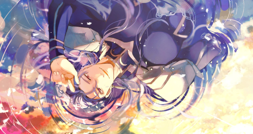 1boy blue_bodysuit blue_hair bodysuit cu_chulainn_(fate)_(all) cu_chulainn_(fate/stay_night) earrings fang fate/stay_night fate_(series) from_above hair_down highres jewelry long_hair looking_at_viewer male_focus open_mouth partially_submerged red_eyes reflective_water ripples ryousuke_(tukr5384) skin_tight smile solo