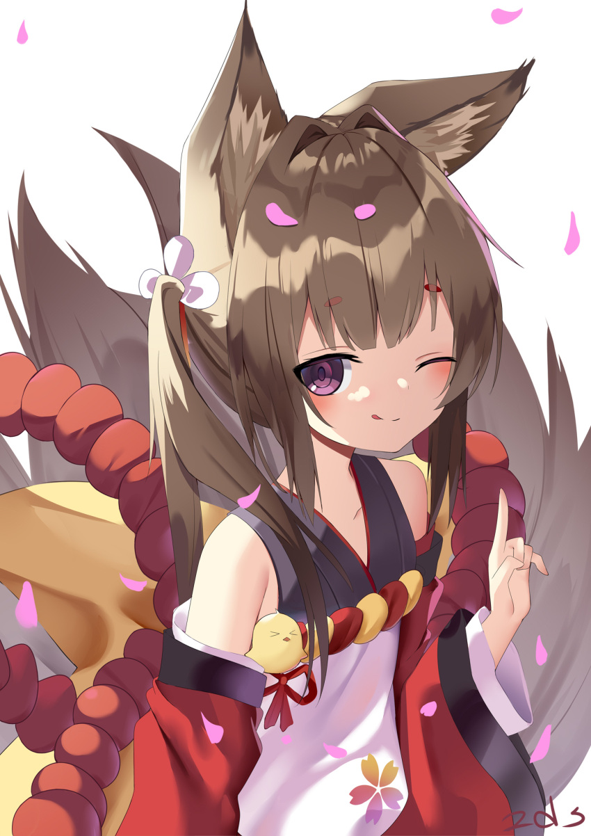 1girl ;) ;q amagi-chan_(azur_lane) animal_ears azur_lane bangs blunt_bangs brown_hair collarbone commentary_request eyebrows_visible_through_hair fox_ears fox_girl fox_tail from_above hair_ribbon highres index_finger_raised kyuubi long_hair looking_at_viewer looking_up manjuu_(azur_lane) multiple_tails off-shoulder_kimono off_shoulder one_eye_closed petals ribbon rope sakutaishi shimenawa sidelocks signature simple_background smile solo tail thick_eyebrows tongue tongue_out twintails violet_eyes wide_sleeves