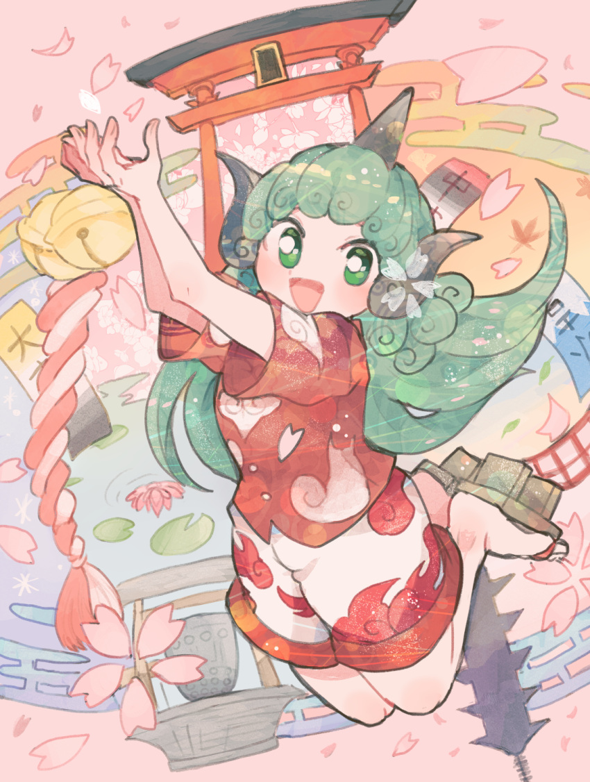 1girl animal_ears architecture bell bridge cherry_blossom_print cherry_blossoms commentary_request curly_hair east_asian_architecture egasumi floral_print flower full_body geta green_eyes green_hair hands_up highres horns itomugi-kun jingle_bell kariyushi_shirt komano_aunn lily_pad long_hair looking_at_viewer lotus open_mouth petals pink_background red_shirt ripples rope shimenawa shirt short_sleeves shorts shrine_bell single_horn smile solo torii touhou tower water white_shorts