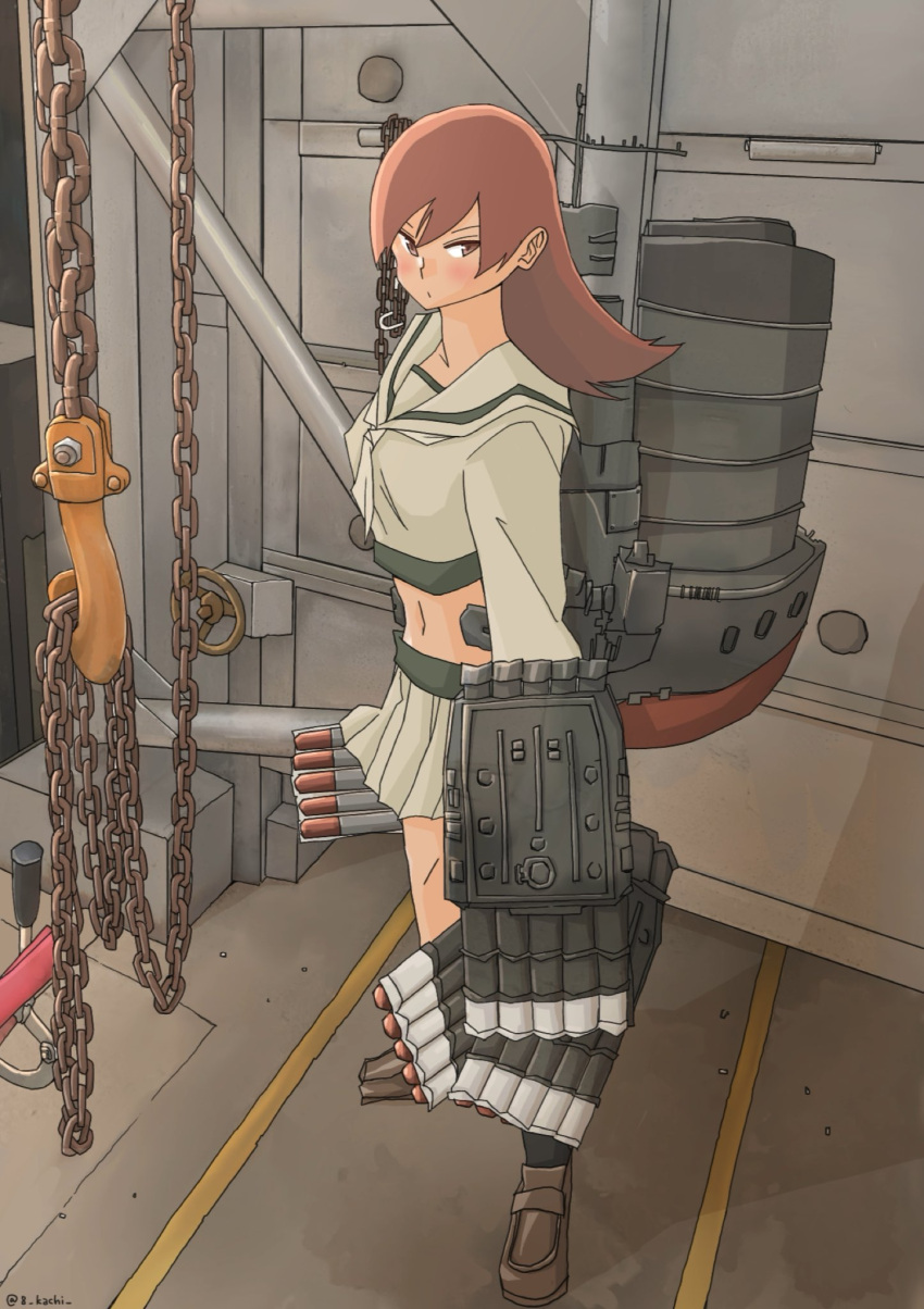 1girl beige_sailor_collar beige_serafuku beige_skirt brown_eyes brown_hair commentary_request full_body highres kachi_(kachi5100) kantai_collection long_hair long_sleeves machinery midriff navel ooi_(kancolle) remodel_(kantai_collection) sailor_collar smokestack solo torpedo torpedo_launcher