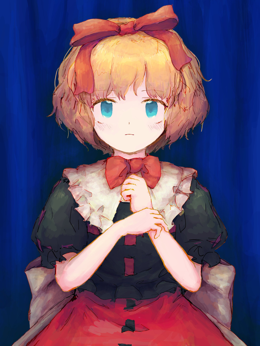 1girl absurdres blonde_hair blue_eyes bow bubble_skirt doll frilled_shirt frilled_shirt_collar frilled_sleeves frills highres medicine_melancholy puffy_short_sleeves puffy_sleeves red_bow red_neckwear red_ribbon ribbon shirt short_hair short_sleeves si_toyaka skirt touhou wavy_hair youkai