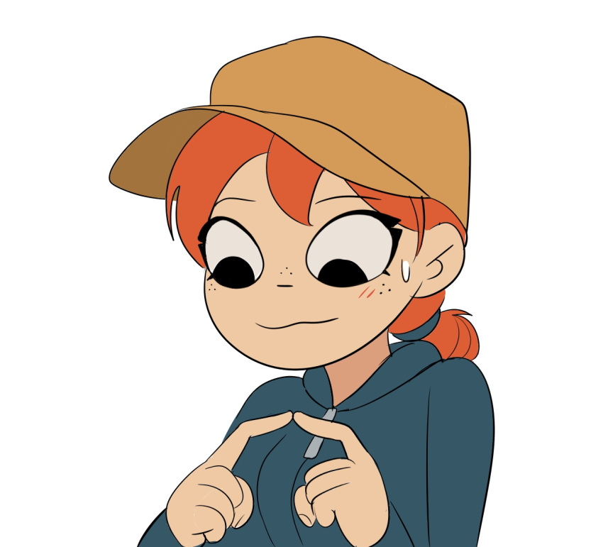 1girl blue_hoodie brown_hat commentary_request freckles hair_bun hat hood hoodie index_fingers_together original parody pencilman_draws scott_pilgrim_(series) shy single_hair_bun solo spanish_commentary style_parody upper_body wavy_mouth