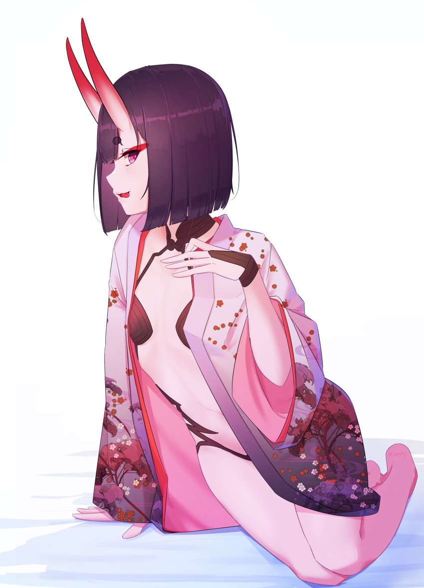 1girl absurdres bangs bob_cut breasts bridal_gauntlets collarbone eyeliner fate/grand_order fate_(series) floral_print highres horns japanese_clothes kimono long_sleeves looking_at_viewer makeup navel oni oni_horns open_clothes open_kimono open_mouth pink_kimono purple_hair sawarineko short_hair shuten_douji_(fate) skin-covered_horns small_breasts smile thighs tongue tongue_out violet_eyes wide_sleeves