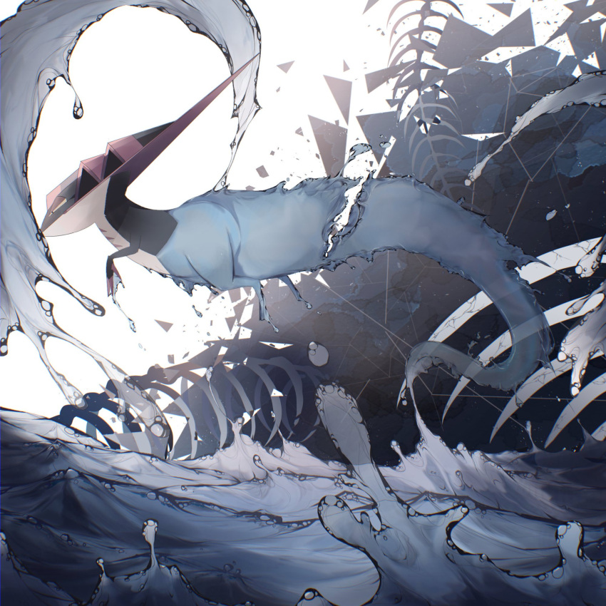 alu_drp claws closed_mouth dragapult from_side gen_8_pokemon highres no_humans pokemon pokemon_(creature) skeleton solo splashing water water_drop white_background