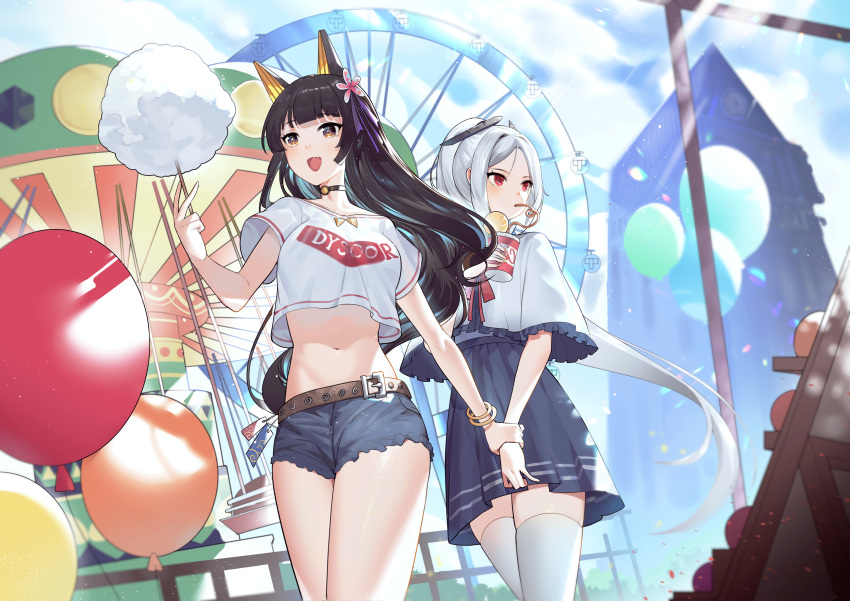 2girls :d absurdres animal_ears balloon bangs belt black_choker black_hair blue_shorts blue_skirt blue_sky blunt_bangs breasts brown_belt brown_eyes capelet carousel character_request choker clouds copyright_request cotton_candy cowboy_shot crop_top crop_top_overhang cup day drinking_straw dysoor ferris_wheel food hand_up highres holding holding_food holding_hands long_hair midriff miniskirt multiple_girls navel open_mouth outdoors pleated_skirt red_eyes shirt short_shorts shorts silver_hair skirt sky small_breasts smile standing stomach t-shirt thigh-highs thighs very_long_hair white_capelet white_legwear white_shirt zettai_ryouiki
