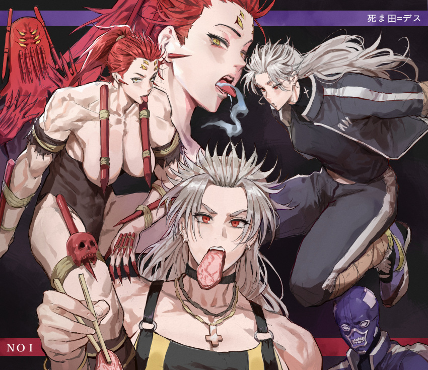 2girls arm_wrap bare_shoulders bracelet breasts chain_necklace chopsticks collarbone convenient_censoring cross cross_necklace dai_dark dorohedoro earrings eating extra_eyes eyes_visible_through_hair food food_in_mouth highres hood inverted_cross jewelry large_breasts leotard long_hair looking_at_viewer looking_down mask meat multiple_girls multiple_piercings necklace noi_(dorohedoro) o-ring open_mouth park_ongjol ponytail pout red_eyes redhead shimada_death shoes skull sneakers stake teeth toned tongue tongue_out track_suit white_hair yellow_eyes