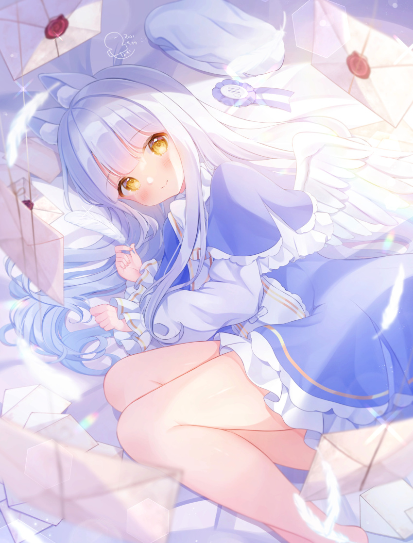 1girl angel_wings animal_ear_fluff animal_ears bangs bare_legs blue_dress blue_hair blush commentary_request dress eyebrows_visible_through_hair feathered_wings feathers feet_out_of_frame highres holding holding_feather legs letter long_hair long_sleeves looking_at_viewer lying medal omochi_monaka on_bed on_side original rabbit_ears signature smile solo very_long_hair white_wings wings yellow_eyes