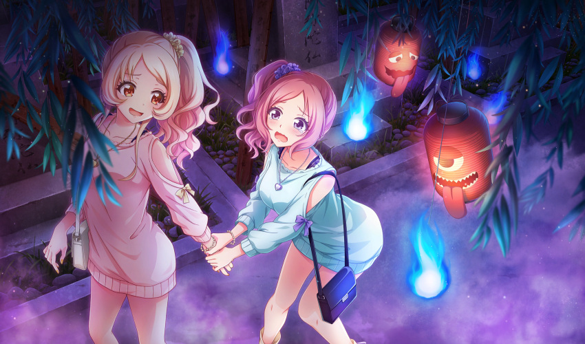 aisaka_koko aqua_shirt bag black_bag blonde_hair brown_eyes chouchin_obake cinderella_series collarbone dutch_angle eye_contact from_above game_cg ghost graveyard hachigatsu_no_cinderella_nine hair_ornament hair_scrunchie hairclip hanayama_emi high_side_ponytail highres hitodama holding_another's_wrist long_hair long_shirt looking_at_another non-web_source official_art open_mouth parted_bangs pink_hair pink_shirt purple_scrunchie scared scrunchie shirt shoulder_bag sotoba standing teardrop tombstone violet_eyes wavy_mouth white_bag yellow_scrunchie