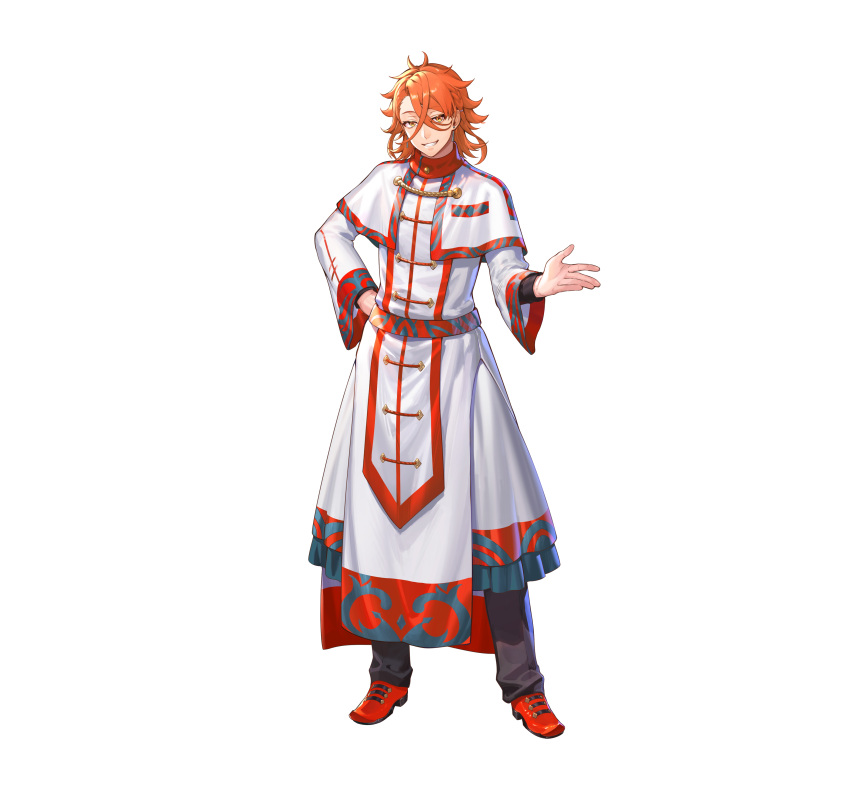 1boy absurdres belt black_pants capelet english_commentary fire_emblem fire_emblem_engage fire_emblem_heroes full_body grin hair_between_eyes highres long_sleeves looking_at_viewer male_focus medium_hair official_alternate_costume orange_hair pandreo_(fire_emblem) pants red_footwear robe smile solo standing white_capelet white_robe