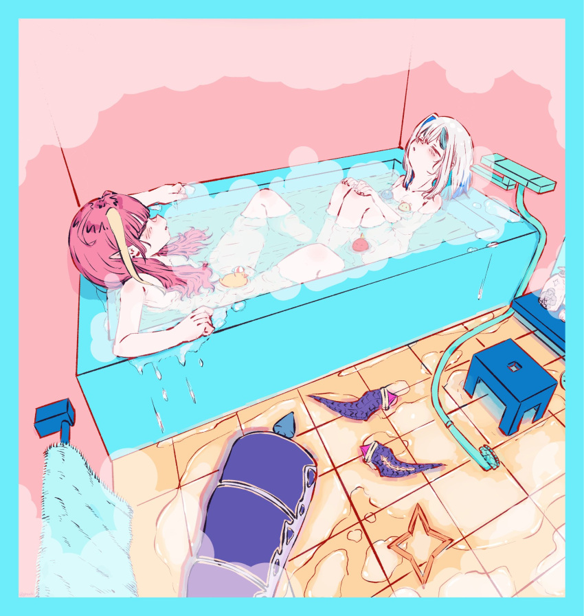 2girls ahoge amane_kanata anal_tail angel asacoco backwards_hat baseball_cap bath_stool bathing bathroom bathtub blonde_hair blue_hair closed_eyes collarbone colored_inner_hair commentary_request completely_nude convenient_censoring detached_horns doukyo's dragon_girl dragon_horns dragon_tail facing_another fake_tail flat_chest ginzuchi halo hands_on_own_knees hat highlights highres hololive horns indoors kiryu_coco knees_up legs_together long_hair medium_hair multicolored_hair multiple_girls nude orange_hair parted_lips partially_submerged pink_hair pointy_ears rosen-tai rubber_duck shared_bathing short_hair shower_head silver_hair single_hair_intake sitting soap_bottle spill spread_legs star_halo steam stool streaked_hair subaru_duck symbol_commentary tail tile_floor tiles towel towel_rack virtual_youtuber water wide_shot