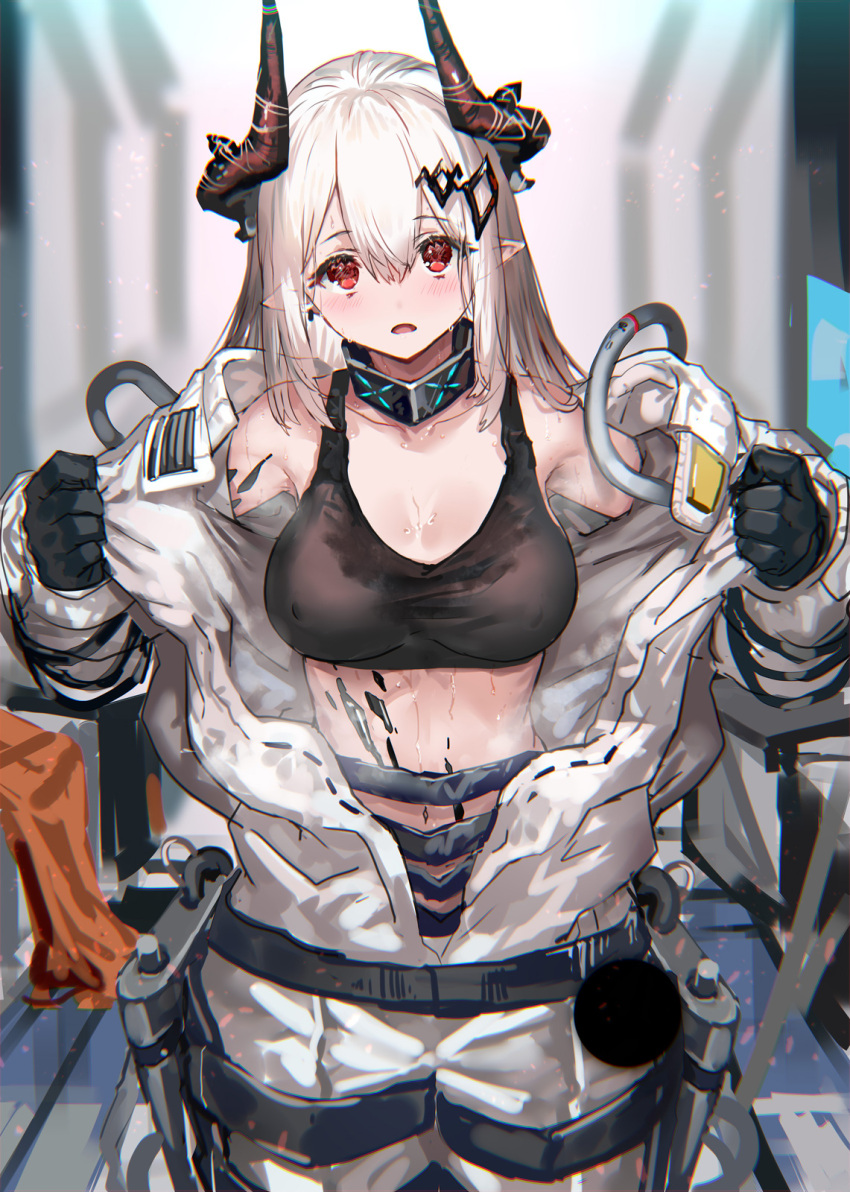 1girl arknights black_gloves blush bodysuit breasts covered_nipples gloves hair_ornament hairclip highres horns long_hair looking_at_viewer mudrock_(arknights) navel open_mouth oripathy_lesion_(arknights) pointy_ears ran'ou_(tamago_no_kimi) red_eyes shirt_lift solo sweat white_hair