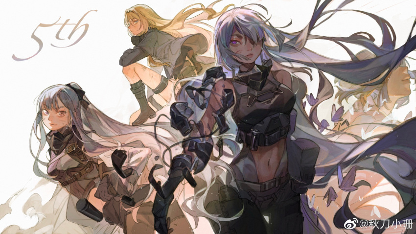 4girls absurdres ak-12_(girls_frontline) ak-15_(girls_frontline) an-94_(girls_frontline) anniversary bare_shoulders blonde_hair blood blood_on_face blue_eyes breasts bug butterfly character_request check_character defy_(girls_frontline) expressionless girls_frontline hair_over_one_eye hair_ribbon highres insect long_hair looking_at_viewer mask_around_neck medium_breasts multiple_girls navel ponytail qdxs2 ribbon rpk-16_(girls_frontline) silver_hair sweat violet_eyes white_background