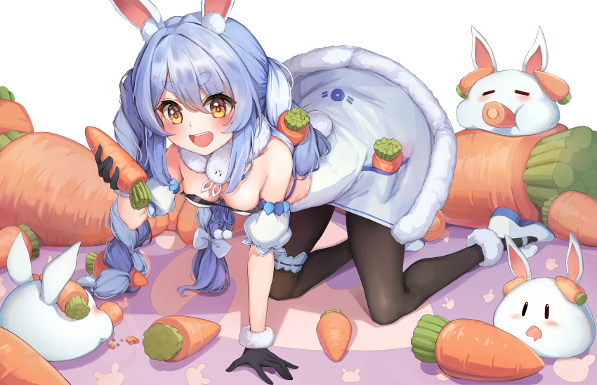 1girl absurdres all_fours animal_ear_fluff animal_ears bare_shoulders black_gloves black_legwear blue_hair braid breasts bunny_tail carrot carrot_hair_ornament chirang commentary_request eating eyebrows_visible_through_hair food_themed_hair_ornament fur_trim gloves hair_ornament highres hololive long_hair multicolored_hair open_mouth orange_eyes pantyhose rabbit_ears small_breasts smile tail thick_eyebrows twin_braids two-tone_hair usada_pekora virtual_youtuber white_hair