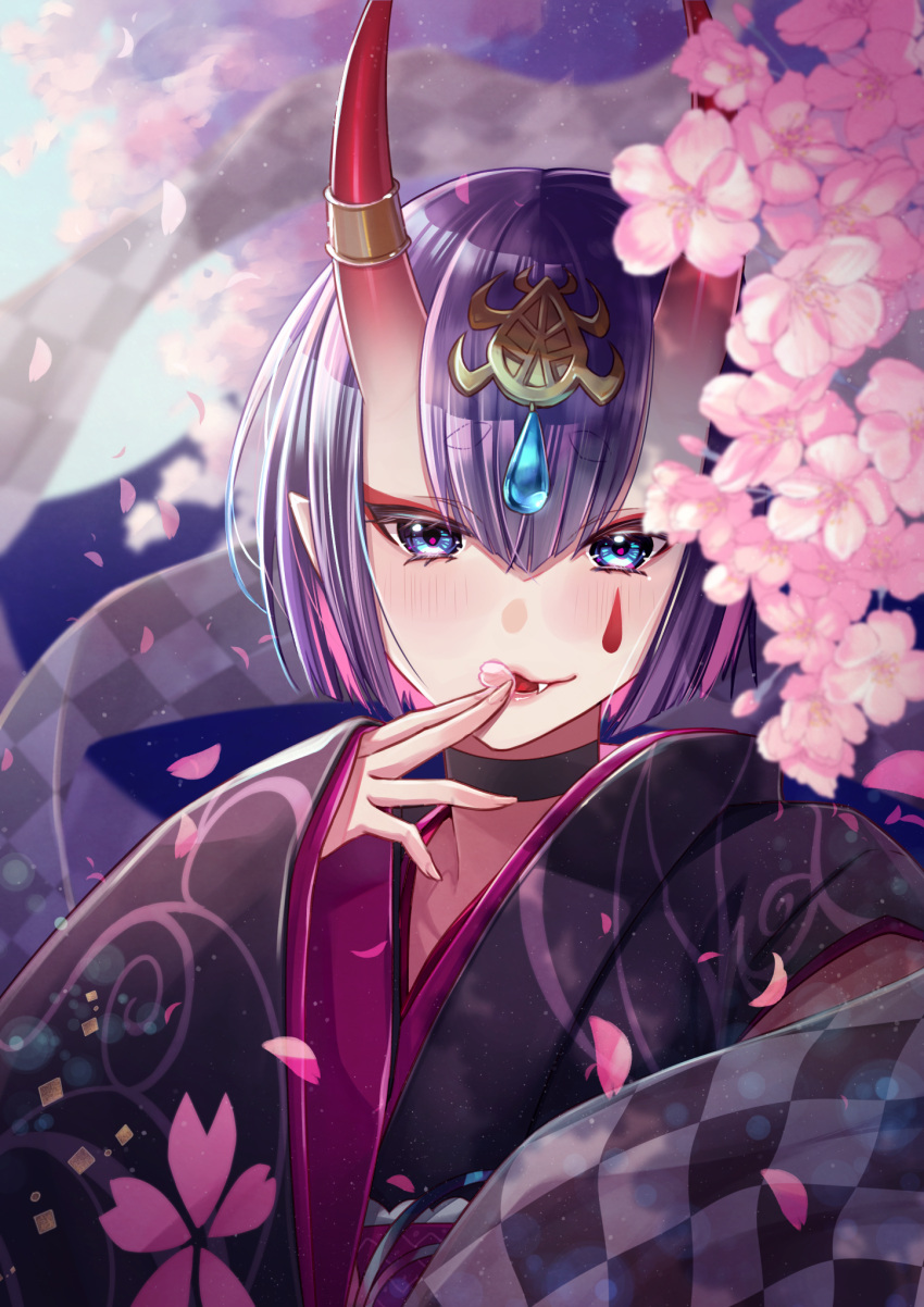 1girl bangs black_kimono bob_cut breasts cherry_blossoms eyeliner fang fate/grand_order fate_(series) floral_print headpiece highres horn_ornament horn_ring horns ichino_tomizuki japanese_clothes kimono long_sleeves looking_at_viewer lostroom_outfit_(fate) makeup oni oni_horns petals purple_hair sash short_hair shuten_douji_(fate) skin-covered_horns small_breasts smile tongue tongue_out tree violet_eyes wide_sleeves